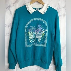 VINTAGE 90s Lace Collared Granny Pullover Floral Sweatshirt -H26